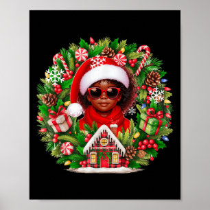 Poster Père Noël Afro fille enfant Sungles Xmas Floral Ci