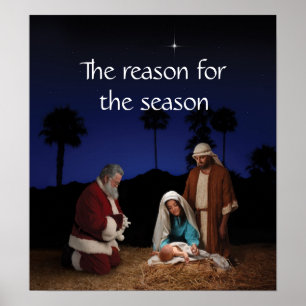 Poster Père Noël agenouillé à la Nativité