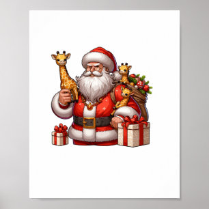 Poster Père Noël américain tenant un cadeau de girafe Noë