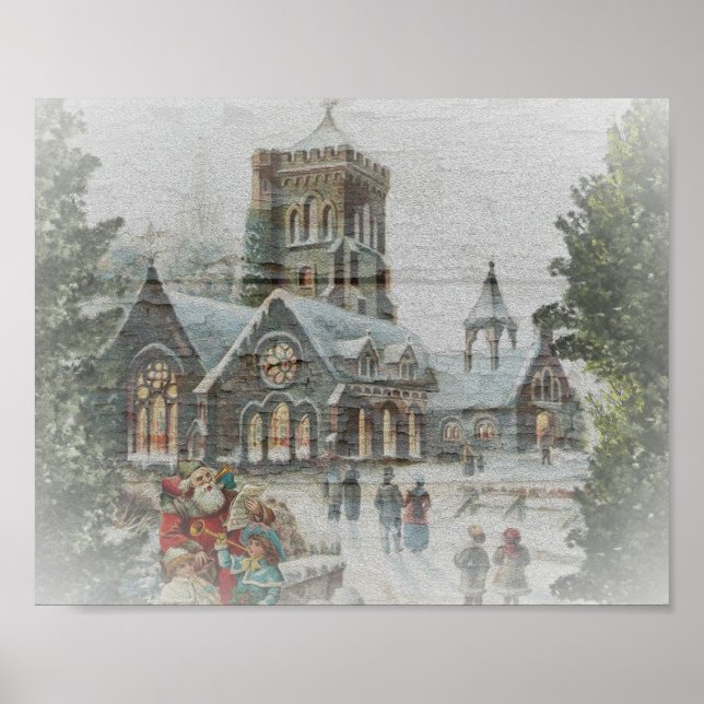 Poster Père Noël ancienne avec enfants devant une église (Devant)