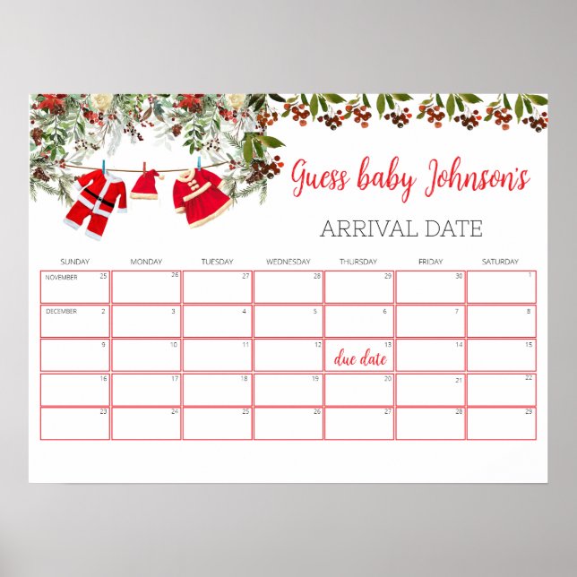 Poster Père Noël Baby shower Baby Date d'échéance Calendr (Devant)
