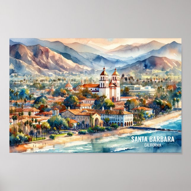 Poster Père Noël Barbara California Travel Places aquarel (Devant)