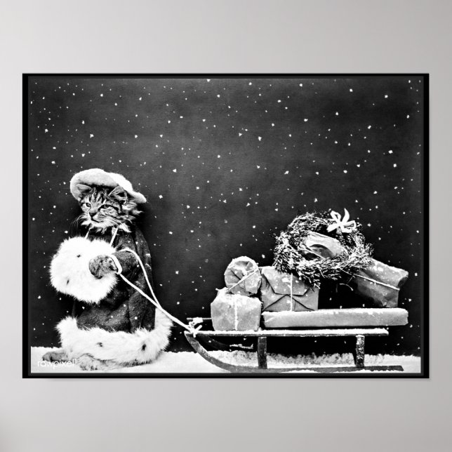 Poster Père Noël Cat livre des cadeaux de Noël (Devant)