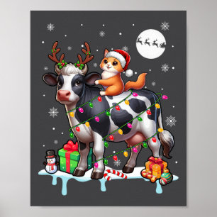 Poster Père Noël Chat Riding Reindeer Vache Noël Lumières