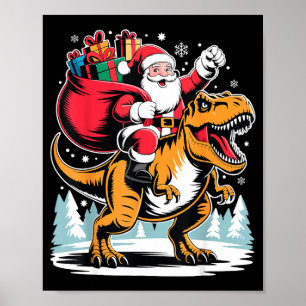 Poster Père Noël chevauchant un dinosaure T Rex Noël garç