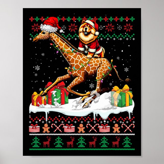 Poster Père Noël Chow Chow Riding Giraffe Sweater de Noël (Devant)