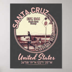 POSTER PÈRE NOËL CRUZ - CALIFORNIE - SURF VINTAGE