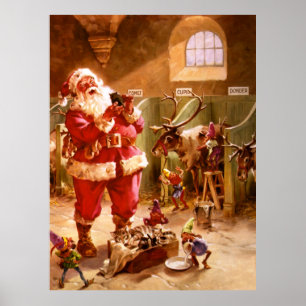 Poster Père Noël dans la grange Reindeer