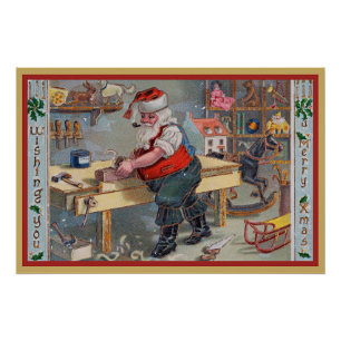 Poster Père Noël dans son atelier, Joyeux Noël,