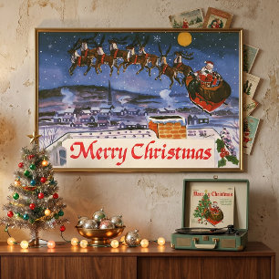 Poster Père Noël de Noël vintage pilotant son traîneau