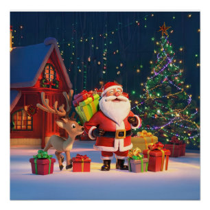 Poster Père Noël de nuit enchantée Cabine du pôle Nord