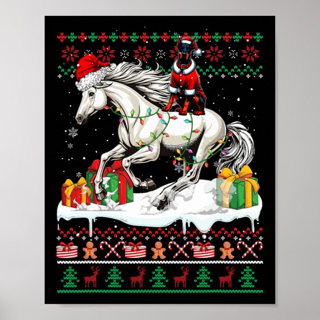 Poster Père Noël Dobermann équitation Cheval Noël Sweat L (Devant)