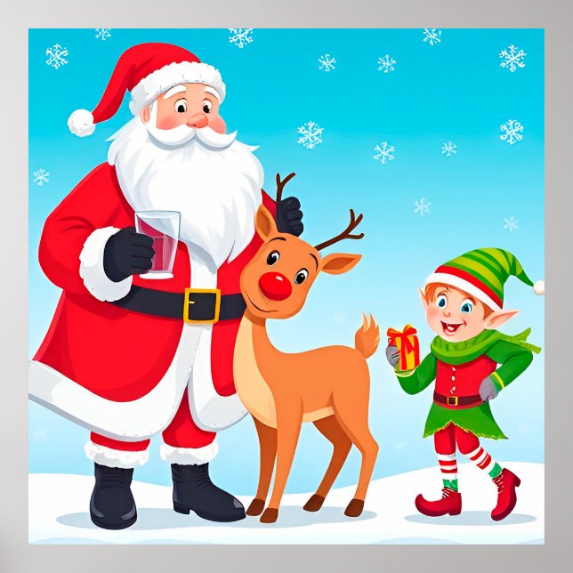 Poster Père Noël, Elfe et Reindeer dans un Noël festif (Devant)