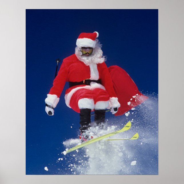 Poster Père Noël en skis sautant d'une corniche à (Devant)