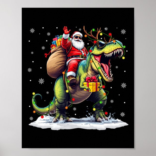 Poster Père Noël équitation Dinosaur T Rex Christmas Boys (Devant)
