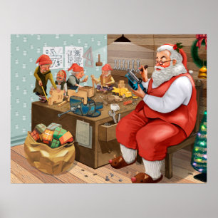 Poster Père Noël Et Elfes Fabriquent Des Jouets   Noël