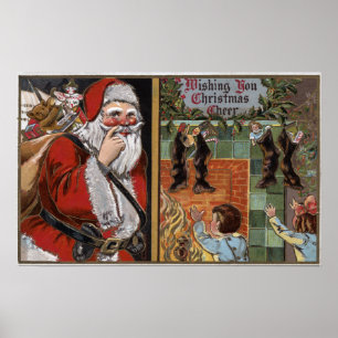 Poster Père Noël et enfants recherchant la cheminée