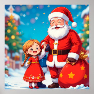 Poster Père Noël et fille avec un sac de cadeaux