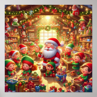 Poster Père Noël et ses petits lutins mignons dans son at