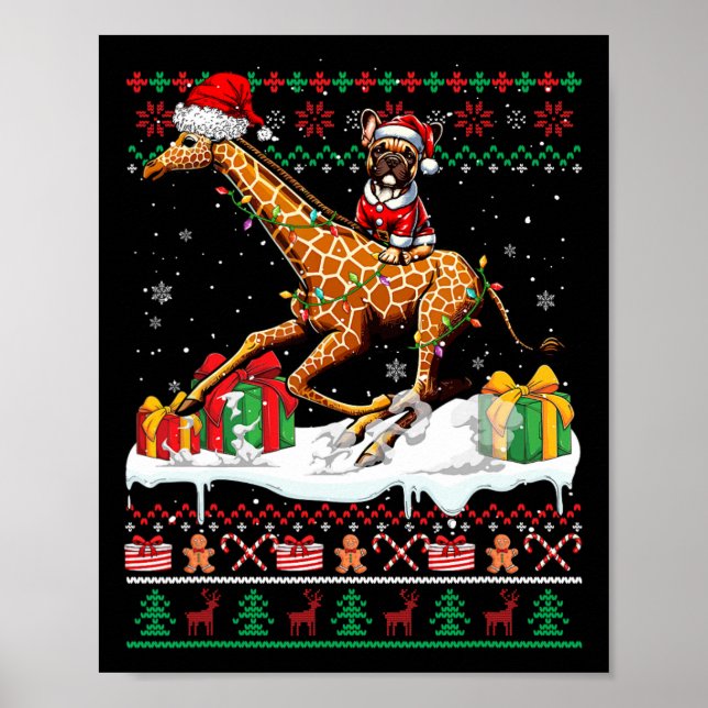 Poster Père Noël French Bulldog équitation Giraffe Christ (Devant)