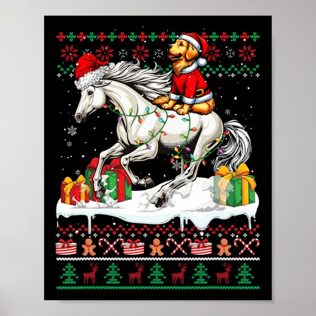 Poster Père Noël Golden Retriever équitation Cheval Noël  (Devant)