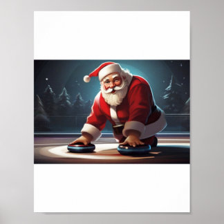 Poster Père Noël jouant au Curling Rock