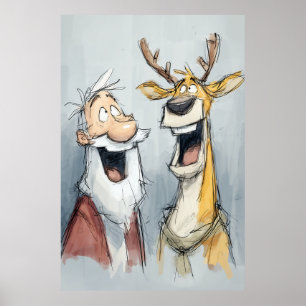 Poster Père Noël joyeux et rennes rient