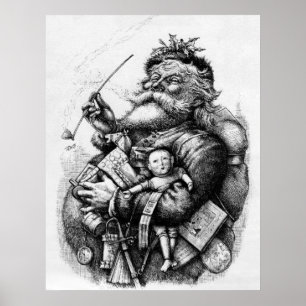 Poster Père Noël jugeant des jouets noirs et blancs