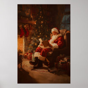 Poster Père Noël lisant près de l'imprimé du feu, Vintage