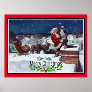 Poster Père Noël livrant une cargaison de livres