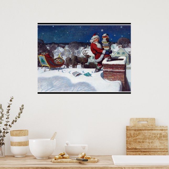 Poster Père Noël livre une cargaison de livres par Wyeth (Cuisine)