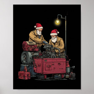 Poster Père Noël Mécanique Noël Funny Atelier Moteur Rep