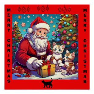 Poster Père Noël Présente À Deux Jeunes Chatons