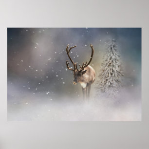 Poster Père Noël Reindeer dans la neige