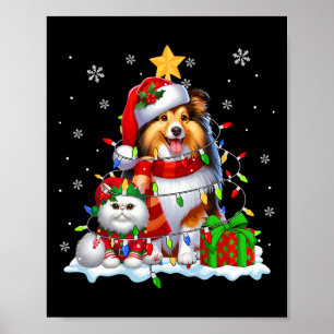 Poster Père Noël Sheltie avec Elf Cat Noël Lumières Propr