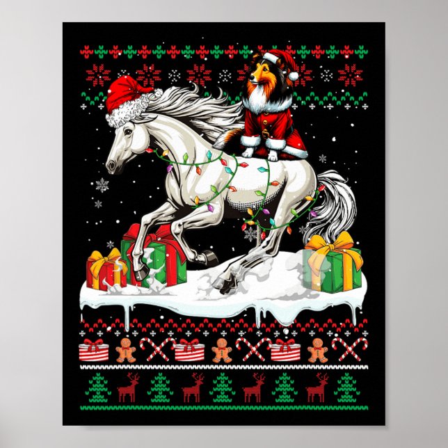 Poster Père Noël Sheltie équitation Cheval de Noël Sweate (Devant)