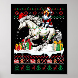 Poster Père Noël Shetland Cheepdog équitation Cheval Noël