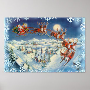 Poster PÈRE NOËL, SLEIGH & SNOWFLAKES par SHARON SHARPE