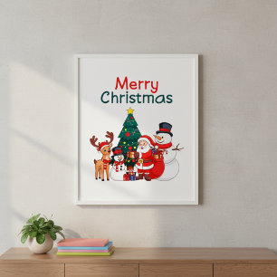 Poster Père Noël, Snowman Et Reindeer Joyeux Noël
