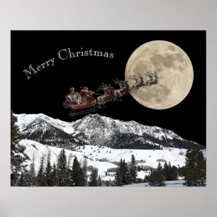 Poster Père Noël survolant la lune