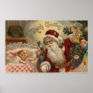 Poster Père Noël tenant la poupée, fille de sommeil