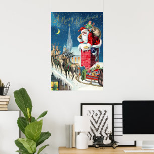 Poster Père Noël victorien de Noël vintage sur une chemin