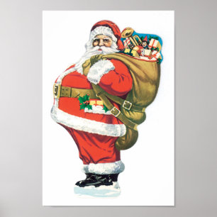 Poster Père Noël vintage avec le sac des jouets