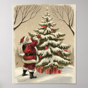 Poster Père Noël vintage décorant un arbre de Noël