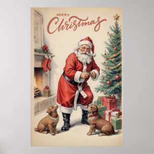Poster Père Noël vintage Et Chiens Joyeux Noël