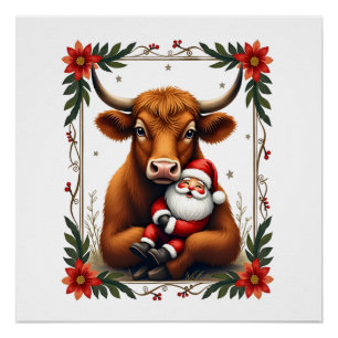 Poster Père Noël vintage Highland Cow câlin Noël Rustique