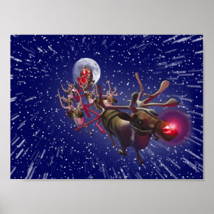 Poster Père Noël Volant Renard rouge à nez