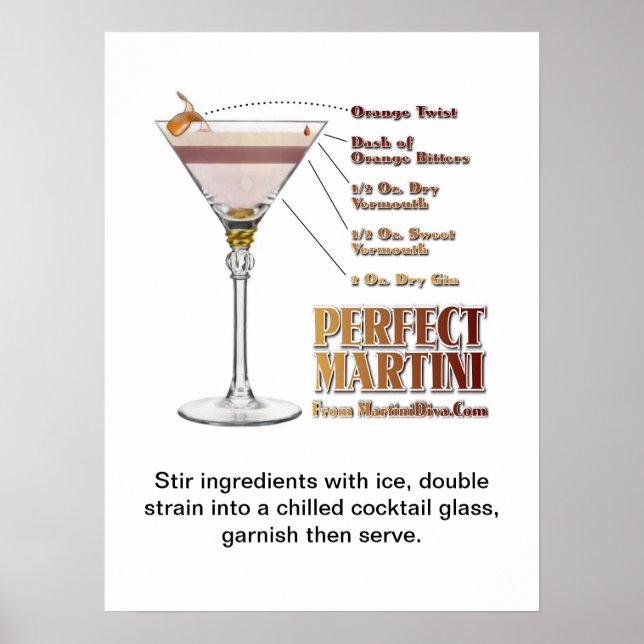 Poster Perfect Martini Cocktail Recette Art "18 x 24" (Devant)