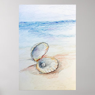 Poster Perle Dans Coquille D'huitre Océan Vagues De Plage