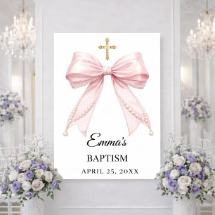 Poster Perles à ruban rose Bienvenue au baptême